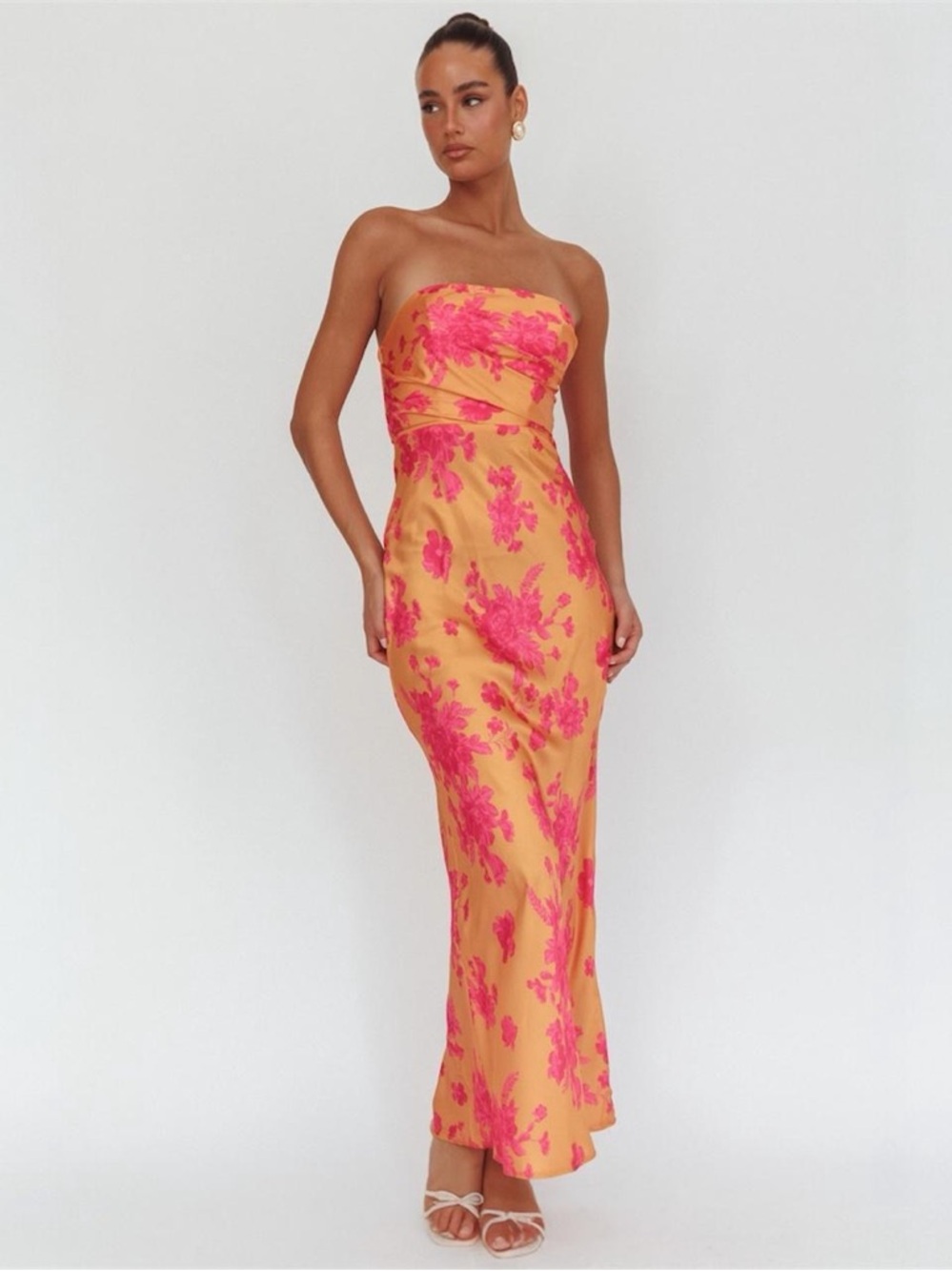 Saints Secrets City of Stars Orange Fuchsia Floral Strapless Satin Maxi Dress L
